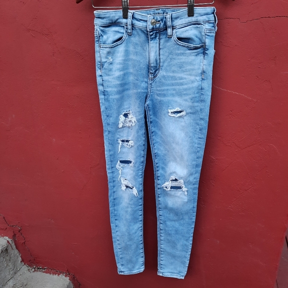 AEO American Eagle Super Hi Rise Jegging Distressed Holes Skinny Jeans 4 Regular - Picture 2 of 9